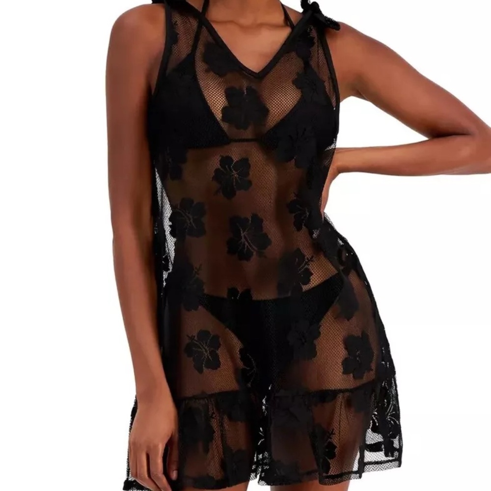 Black Sheer Floral Cover-Up Dress